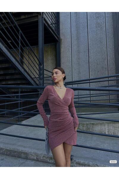 Modafeminen V Yaka Drapeli Mini Flowers Kumaş Elbise Uzun Koll 583063 Gulkurusu