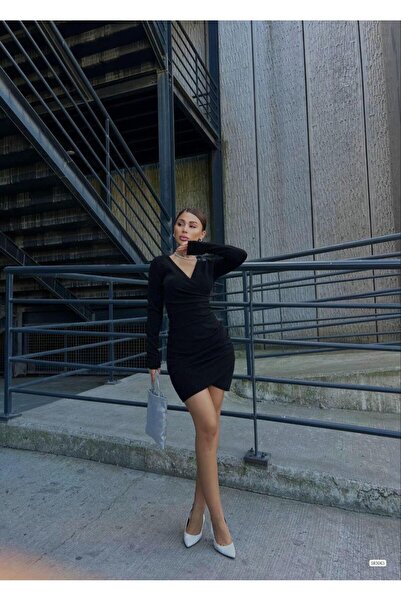 Modafeminen V Yaka Drapeli Mini Flowers Kumaş Elbise Uzun Koll 583063 Siyah