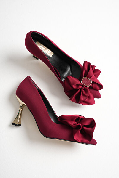 Sena Stil Women's Gold Heel Satin Bow Detailed Stylish Heeled Shoes