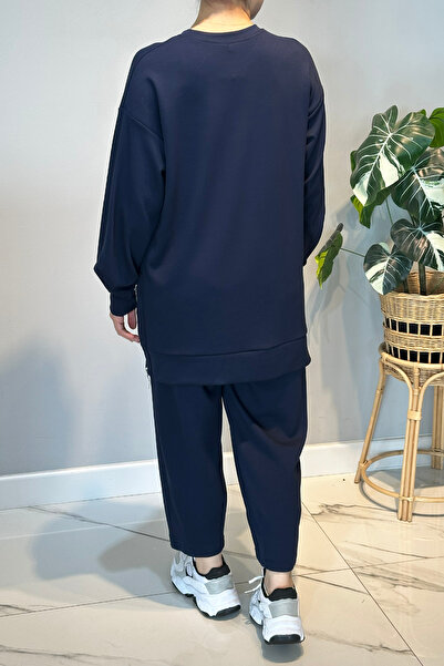 Lale Butik Combed Cotton Suit with Side Zipper Detail 2034 Navy Blue