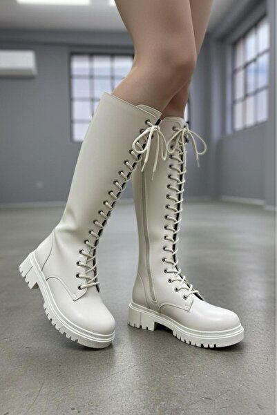 Oksit Cose Thick Sole Lace-up Zippered Long Women's Boots