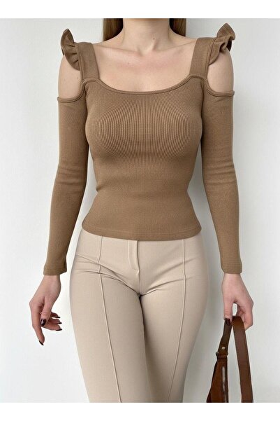 Modafeminen Flexible Fabric Ribbed Knit Blouse 581506 Beige
