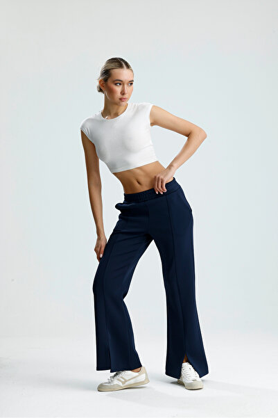 VOICTEC Slit Detailed Leg Premium Puff Scuba Elastic Waist Pocketed Trousers