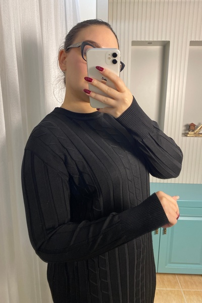 Auroveen Basic Dikey Desenli Bisiklet Yaka Uzun Triko Elbise AV338