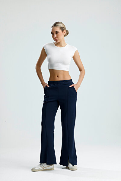 VOICTEC Slit Detailed Leg Premium Puff Scuba Elastic Waist Pocketed Trousers