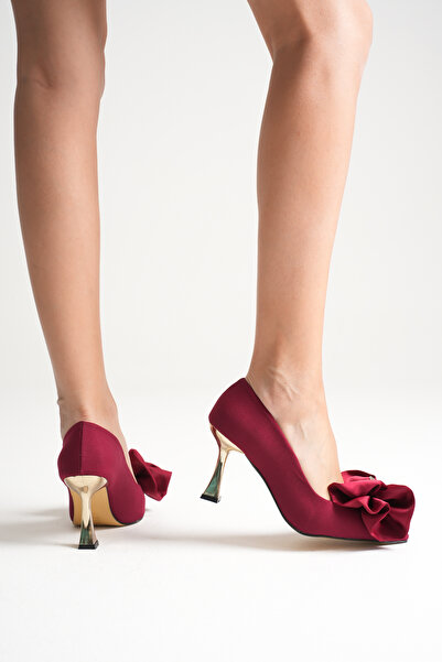 Sena Stil Women's Gold Heel Satin Bow Detailed Stylish Heeled Shoes