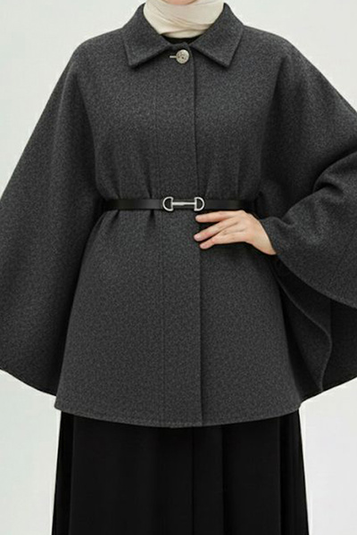 İmajButik Anthracite Belted Stamp Poncho