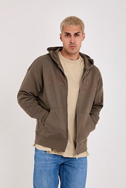 Store 100% Cotton Zippered Hooded Oversized Text Printed Men's Sweatshirt