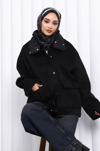 İmajButik Black Zippered Lined Oversized Cashmere Coat