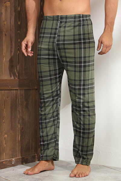 Serena Men's dark green pajama pants with black checks and white lines - loose fit