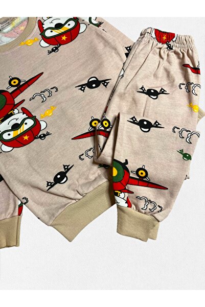 Fil Kids Boys' 100% Cotton Beige Color Airplane Pilot Patterned Long Sleeve Fleece-Lined Winter Pajama Set