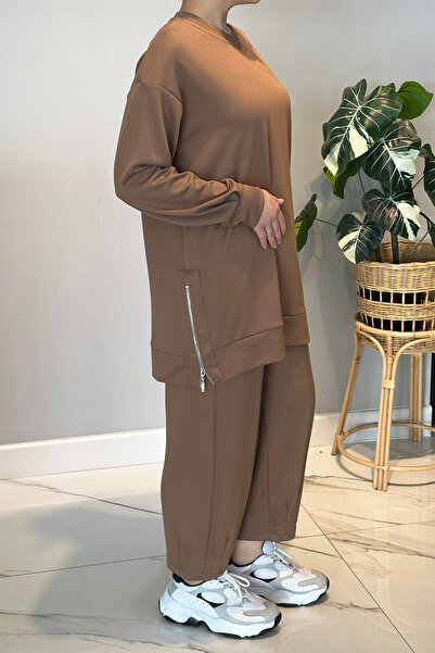 Lale Butik Combed Cotton Suit with Side Zipper Detail 2034 Latte