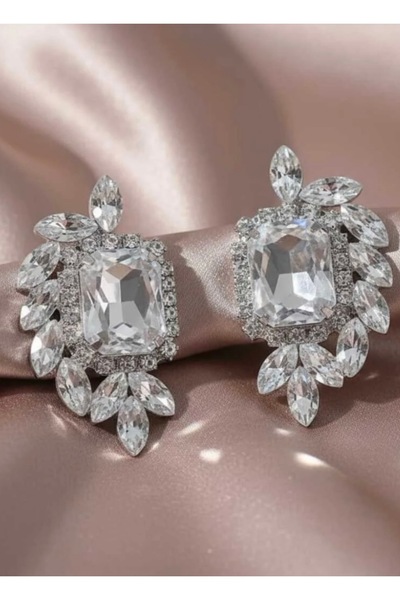 Renkada Mercan Large Crystal Stone Leaf Detailed Women's Evening Dress Earrin...