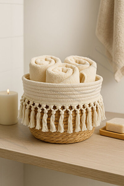 NEWNOW Coș din paie cu margini din material textil cu ciucuri – Organizator d...