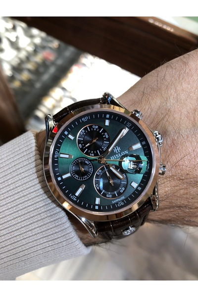 Hislon Safir Camlı Takvimli Çelik Kasa Deri Kayışlı Kelebek Klipsli Su Geçirmez Erkek Kol Saati