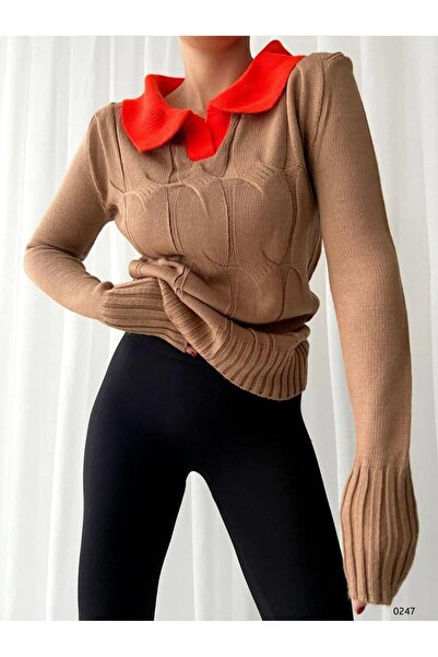 Modafeminen Polo Neck Knitwear Sweatertr0247 Vi̇zon