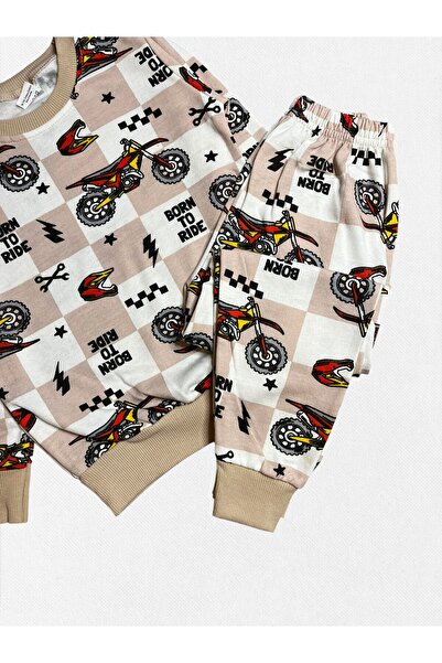 Pajama Shop Boys' 100% Cotton Beige Color Motorcycle Checker Pattern Long Sleeve Fleece-Lined Winter Pajamas Set