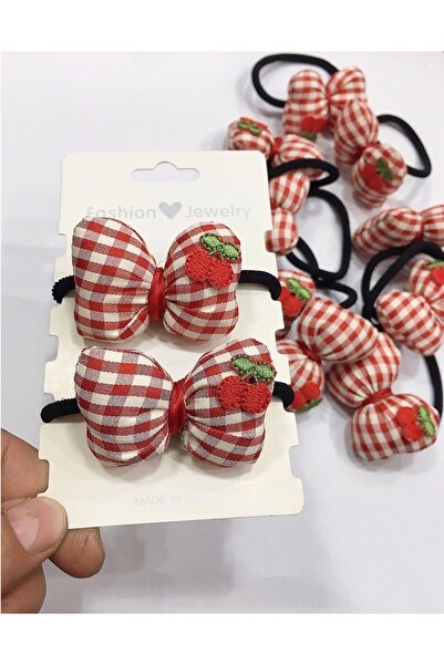 NEW HİLL 2 Pieces of High-Quality Elastic Cherry Motif Plaid Children's Buckle