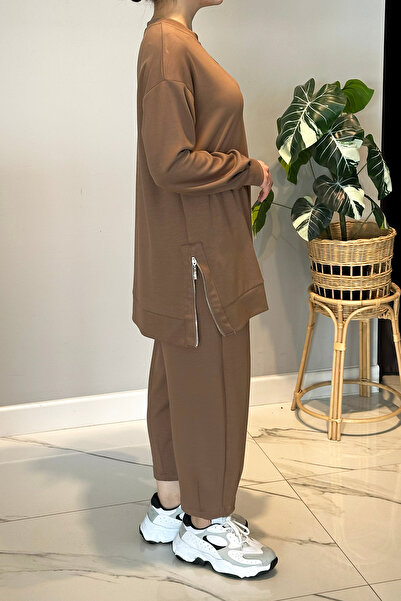 Lale Butik Combed Cotton Suit with Side Zipper Detail 2034 Latte