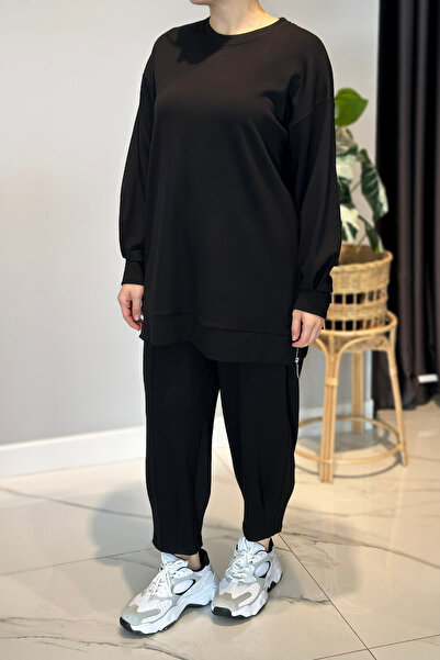 Lale Butik Combed Cotton Suit with Side Zipper Detail 2034 Black