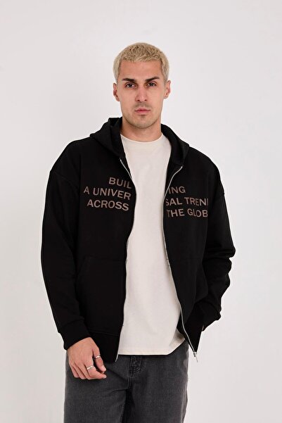 Store 100% Cotton Zippered Hooded Oversized Text Printed Men's Sweatshirt