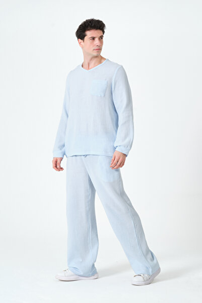 RELAXL 100% Cotton Muslin Relaxed Fit Long Sleeve T-Shirt Ice Blue