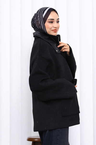 İmajButik Black Zippered Lined Oversized Cashmere Coat