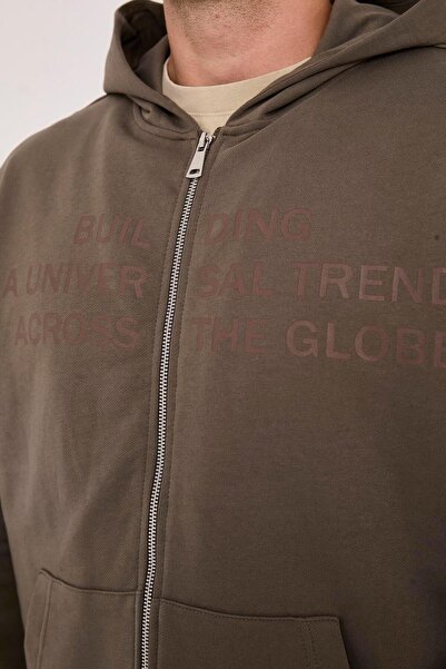 Store 100% Cotton Zippered Hooded Oversized Text Printed Men's Sweatshirt