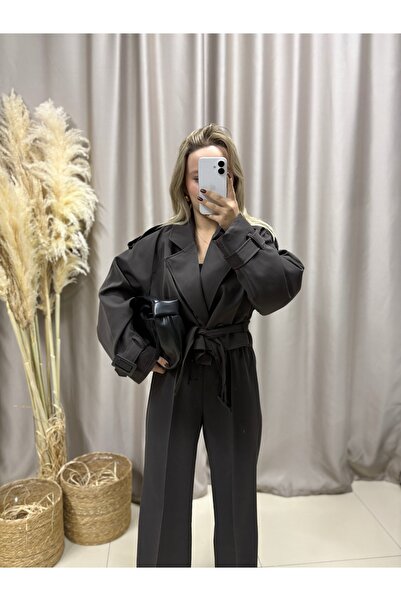 LİSAA BUTİK Premium Series Dark Brown Short Trench Coat