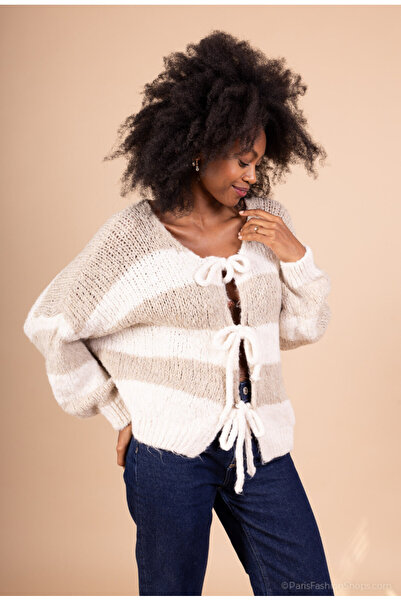 FASHION Cardigan tricotat gros, cu dungi, lucrat manual, cu 3 noduri, decolte...