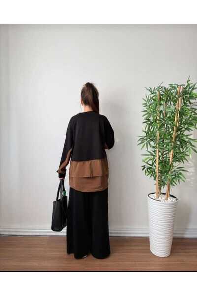 QUAWEAR Crew Neck Side Tie Parachute Fabric Layered Tunic and Side Gusseted Pants Knitted Fabric Set