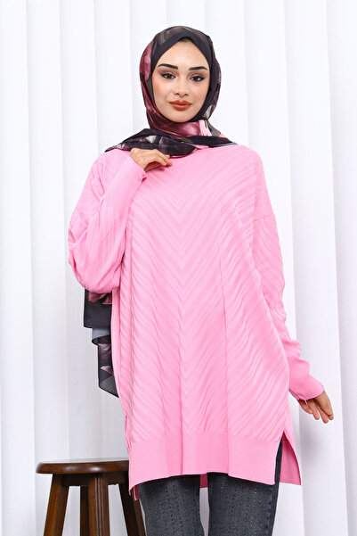 İmajButik Pink Crew Neck Cold Thread Knitwear Tunic