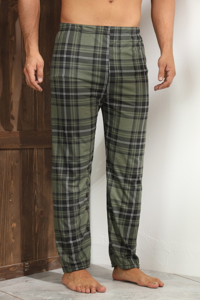 Serena Men's dark green pajama pants with black checks and white lines - loose fit