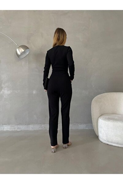 Modafeminen Crepe stretch fabric Double-Breasted neckline front chain detailed jumpsuit dress 582642 black