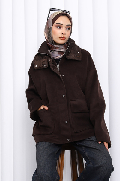 İmajButik Brown Zippered Lined Oversized Cashmere Coat