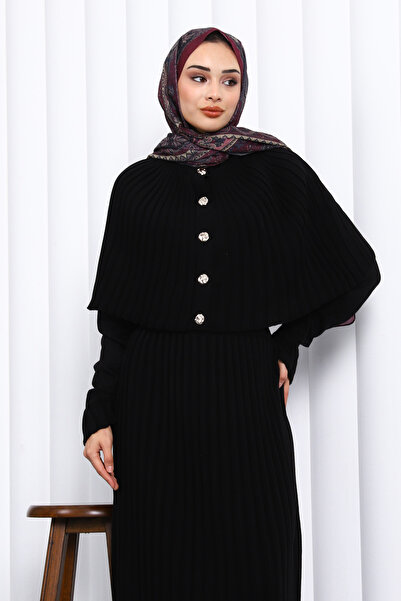 İmajButik Black Cape Detailed Long Knit Dress
