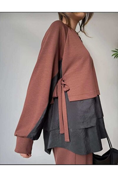 QUAWEAR Crew Neck Side Tie Parachute Fabric Layered Tunic and Side Gusseted Pants Knitted Fabric Set