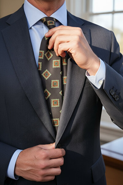 CROATE ربطة عنق من الحرير الخالص - نمط هندسي باللون الأزرق الداكن، منسوجة يدويًا