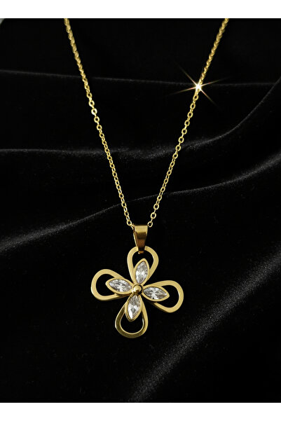 LUNEVORA Altın Renk Dört Yapraklı Yonca Model Zirkon Taşlı Kadın Çelik Kolye
