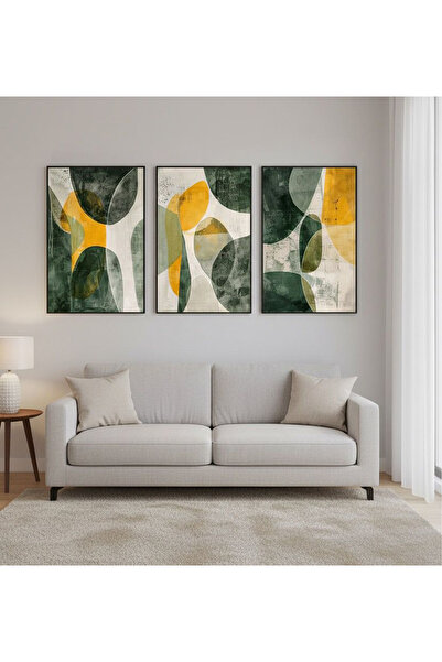 Linacci Triple Black Metal Frame Green Yellow Abstract Poster Glass Painting Set