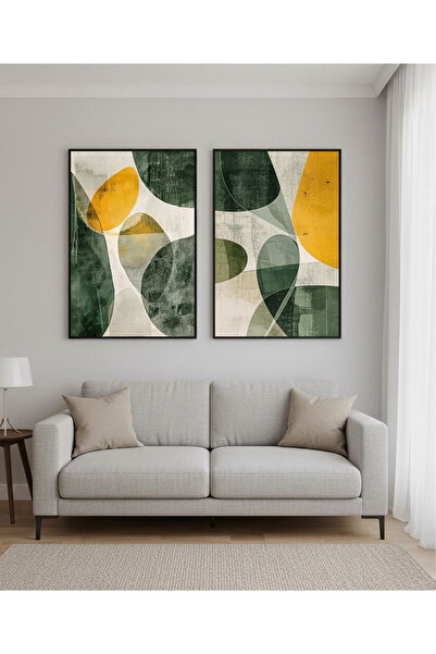 Linacci Double Black Metal Frame Green Yellow Flower Glass Painting Set