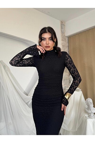 Julidress فستان أسود طويل مكون من حشوة كتف قطع مبطن بـ ياقة مرتفعة متوسطة الط...