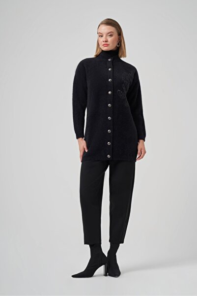 Nuss 7007 Angora Cardigan with Front Snap Buttons, Sequins, and Floral Embroidery