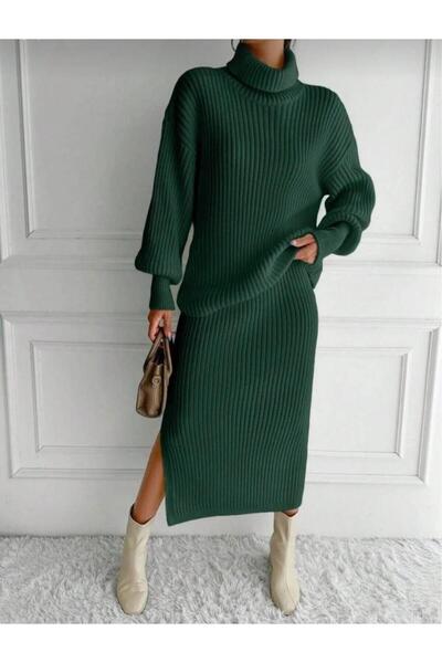 Cockatoo Women's Knitwear Set Turtleneck Sweater + Slit Skirts / Winter Knit Two-Piece Set