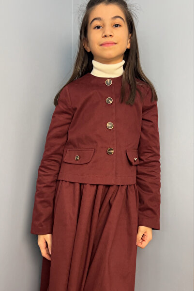 Masnu Çocuk Girl's Burgundy Cotton Gabardine Jacket and Gathered Midi Skirt Set