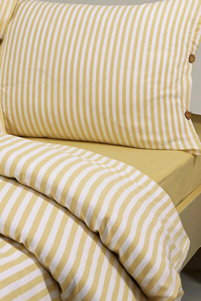 Magnolia Bohemian Striped Single Duvet Cover Set – Wooden Buttons, Elastic Fitted Sheet, Cotton