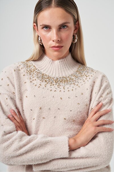 Nuss 7003 Crew Neck Angora Tunic with Sprinkle Bead Embroidery