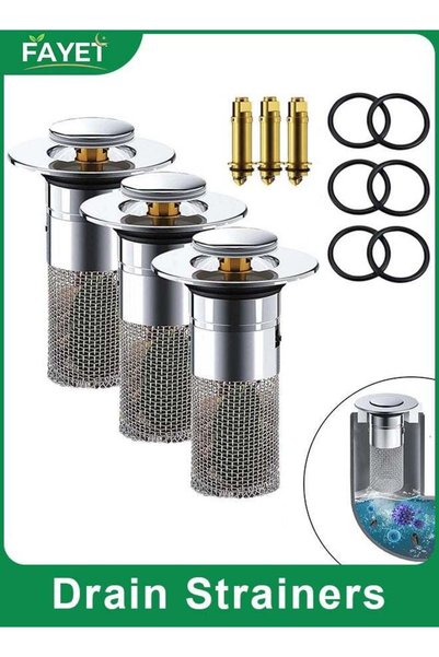 Generic 3-Pack Universal Pop-Up Sink Stoppers with Hair Catcher, Stainless St...