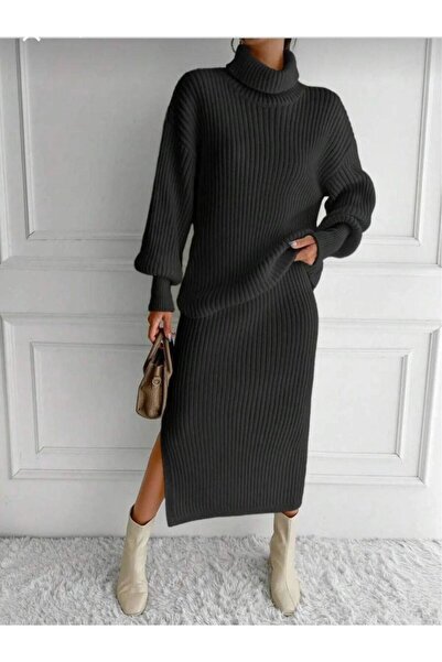 Cockatoo Women's Knitwear Set Turtleneck Sweater + Slit Skirts / Winter Knit Two-Piece Set