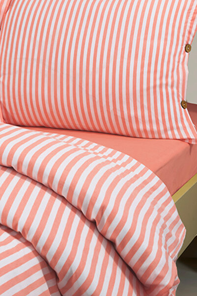 Magnolia Bohem Çizgili Tek Kişilik Nevresim Takımı – Ahşap Düğmeli, Lastikli Çarşaflı, Pamuklu